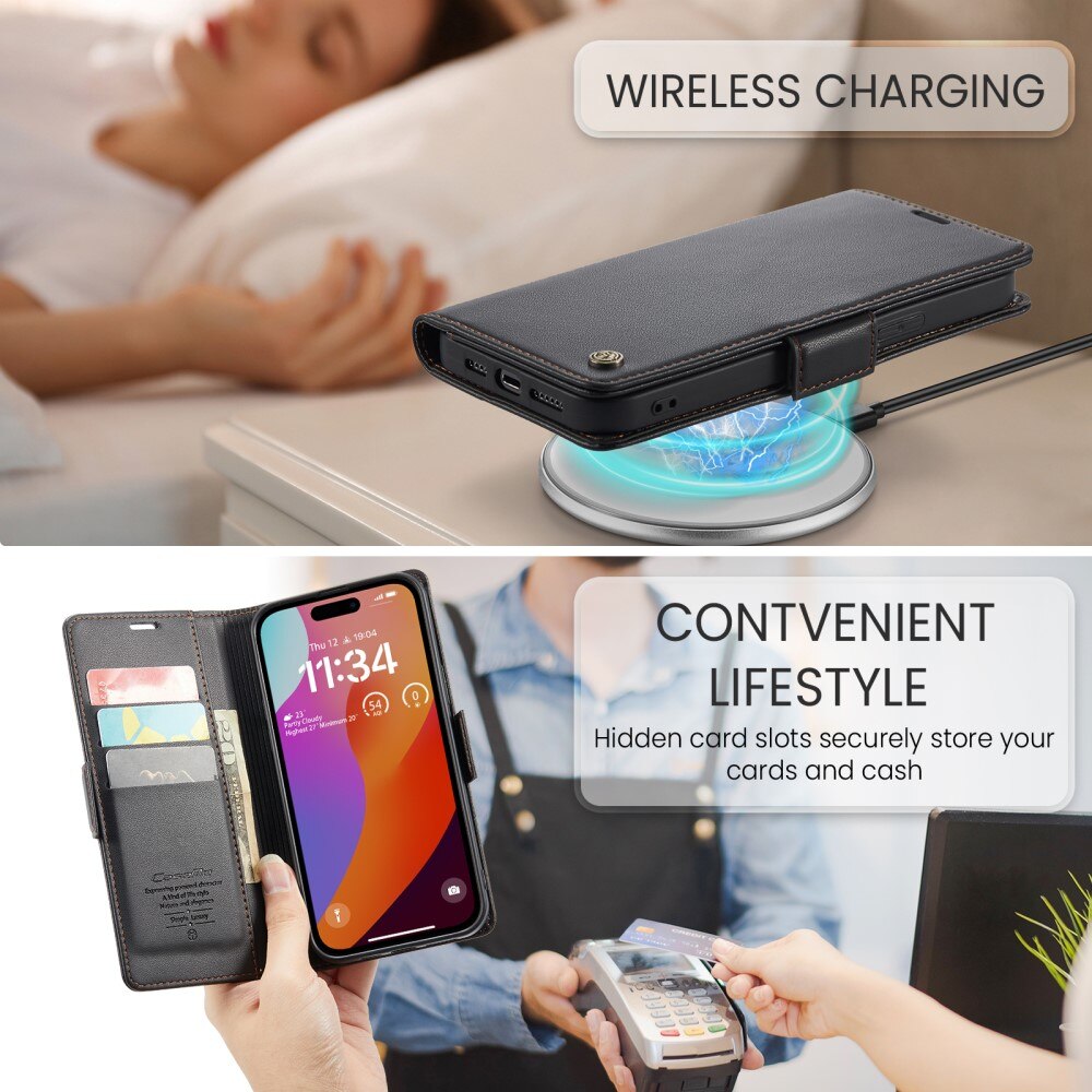 Étui portefeuille mince anti-RFID iPhone 16 Pro Max, Noir