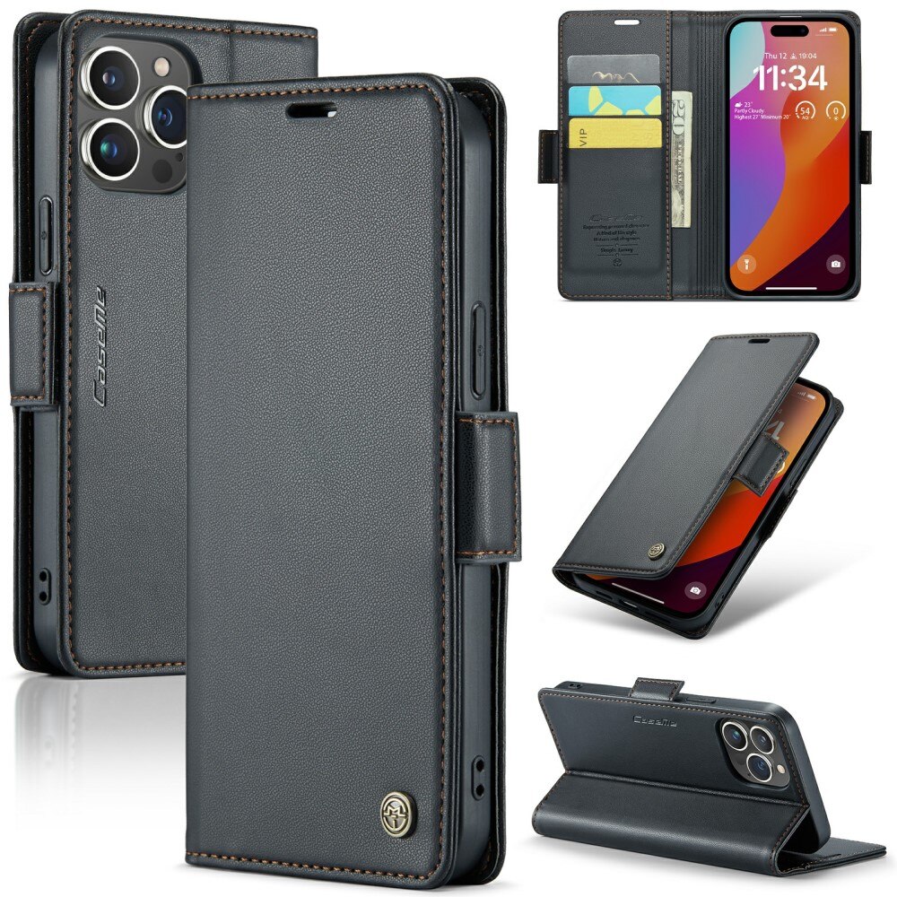 Étui portefeuille mince anti-RFID iPhone 16 Pro Max, Noir