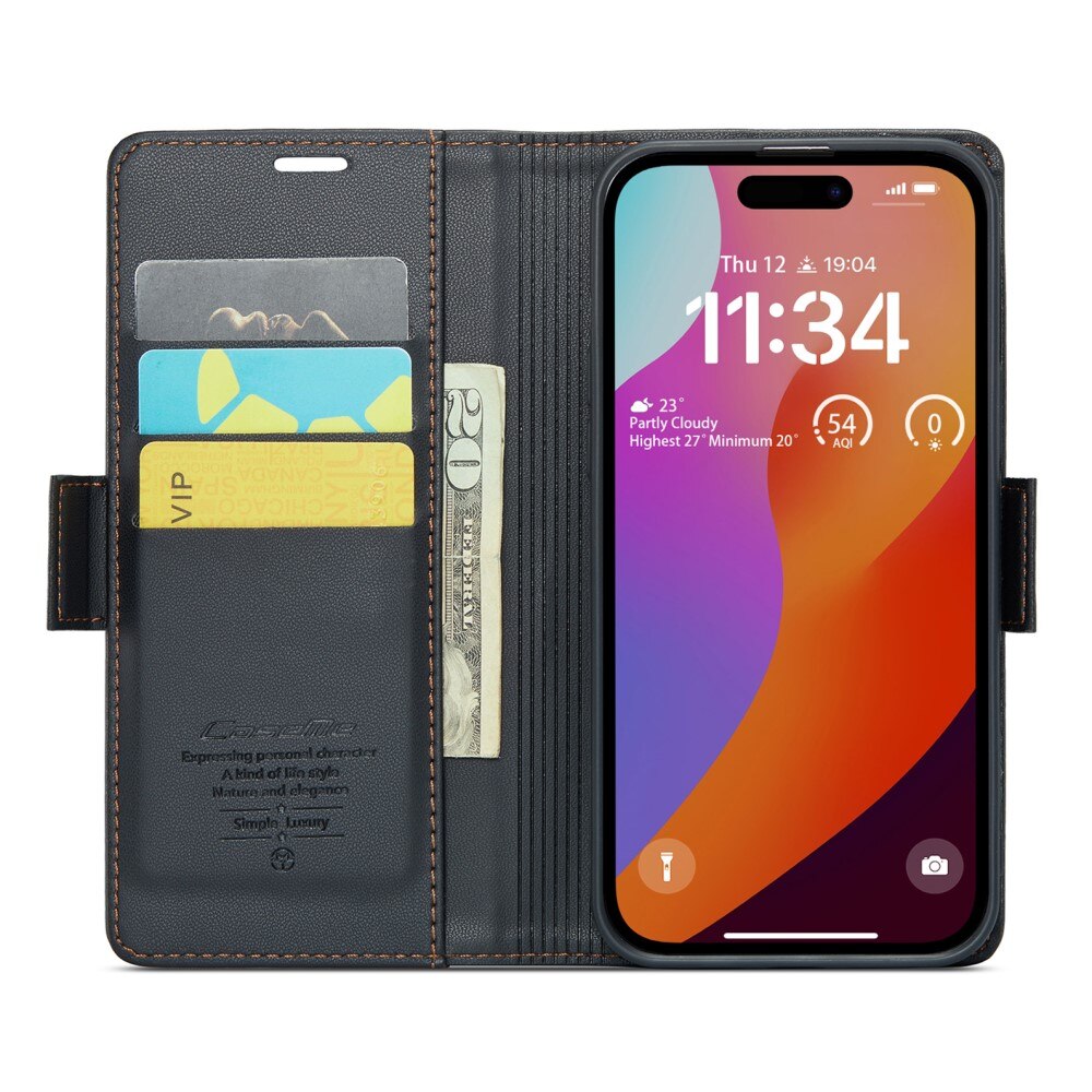 Étui portefeuille mince anti-RFID iPhone 16 Pro Max, Noir