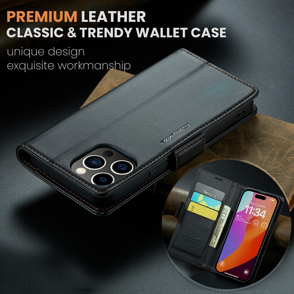 Étui portefeuille mince anti-RFID iPhone 16 Pro Max, Noir