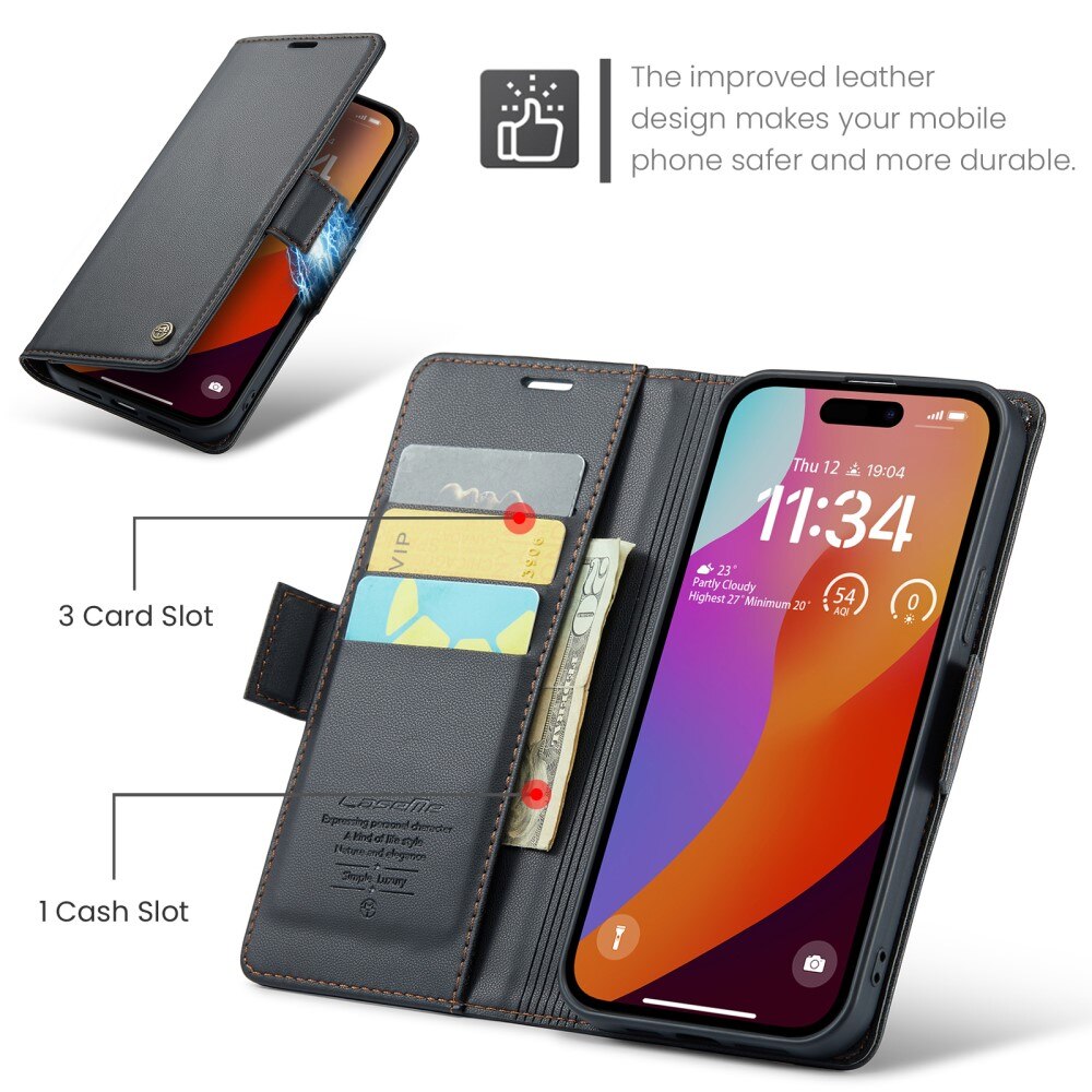 Étui portefeuille mince anti-RFID iPhone 16 Pro Max, Noir