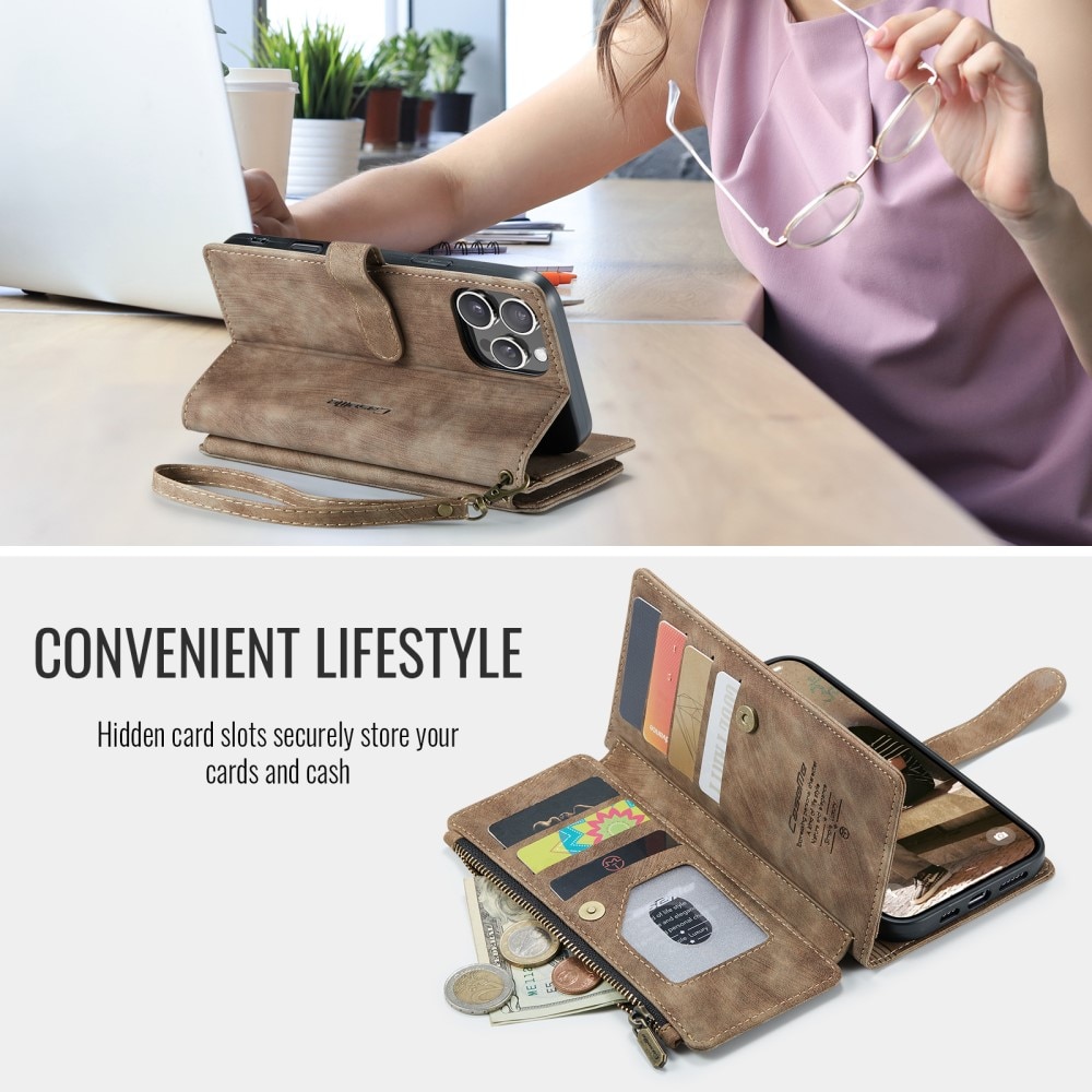 Étui portefeuille à glissière iPhone 16 Pro Max, Marron