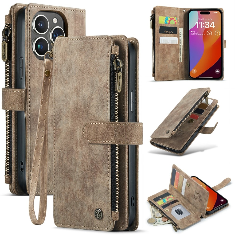 Étui portefeuille à glissière iPhone 16 Pro Max, Marron