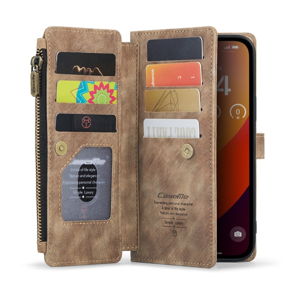 Étui portefeuille à glissière iPhone 16 Pro Max, Marron