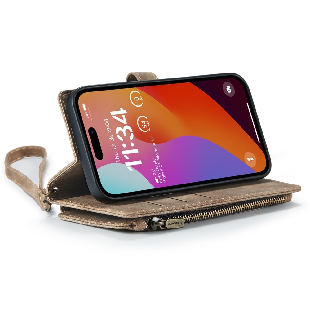 Étui portefeuille à glissière iPhone 16 Pro Max, Marron