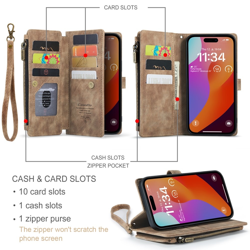 Étui portefeuille à glissière iPhone 16 Pro Max, Marron