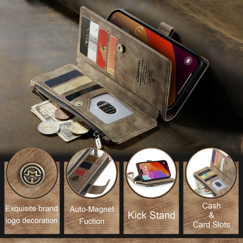 Étui portefeuille à glissière iPhone 16 Pro Max, Marron