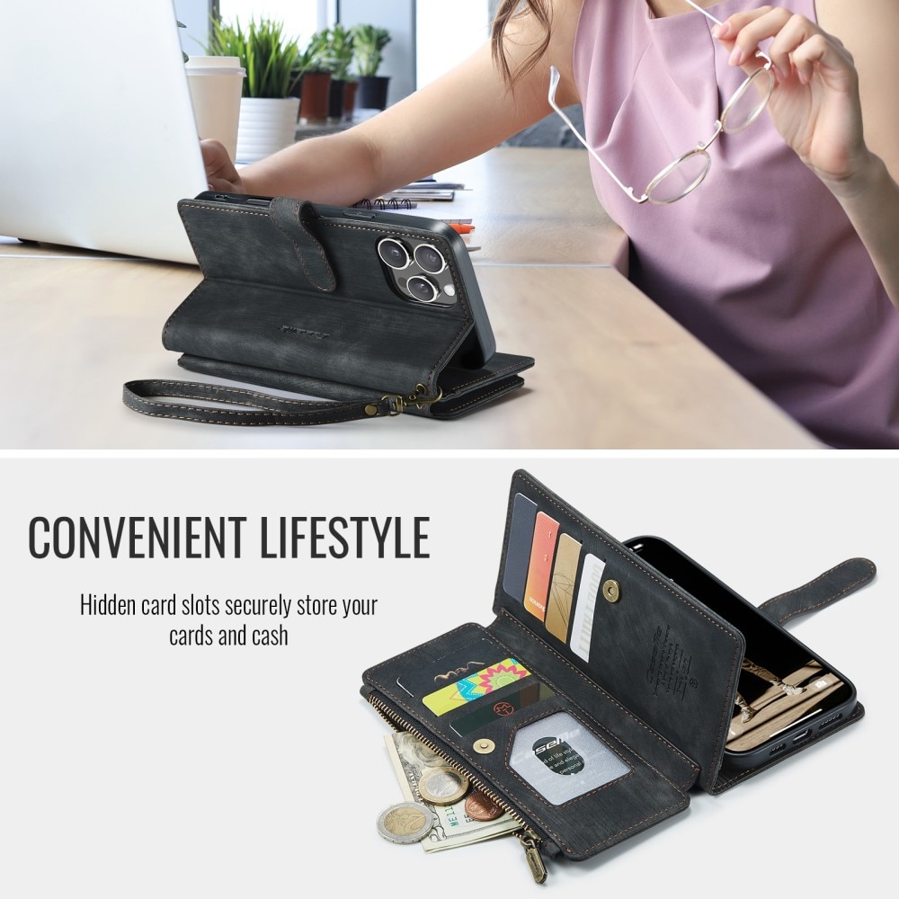 Étui portefeuille à glissière iPhone 16 Pro Max, Noir