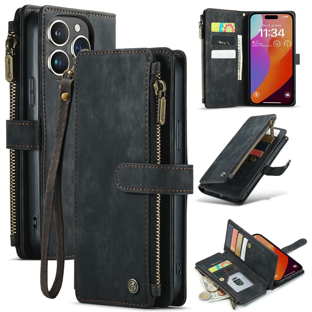 Étui portefeuille à glissière iPhone 16 Pro Max, Noir