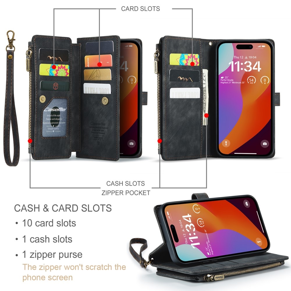 Étui portefeuille à glissière iPhone 16 Pro Max, Noir