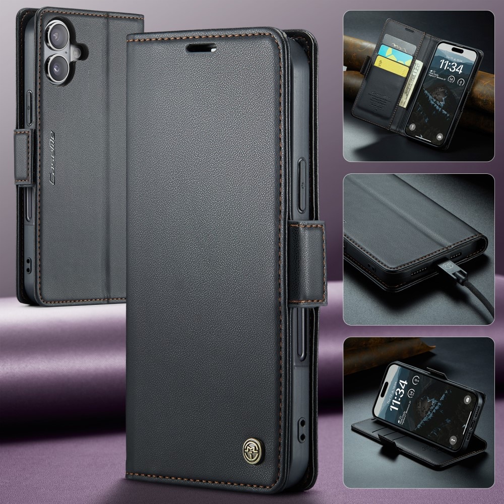 Étui portefeuille mince anti-RFID iPhone 16 Plus, Noir