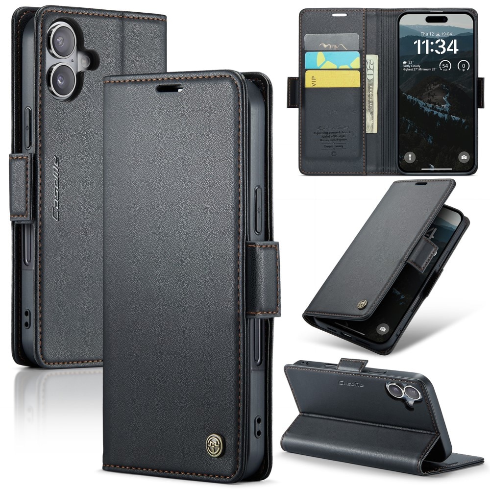 Étui portefeuille mince anti-RFID iPhone 16 Plus, Noir