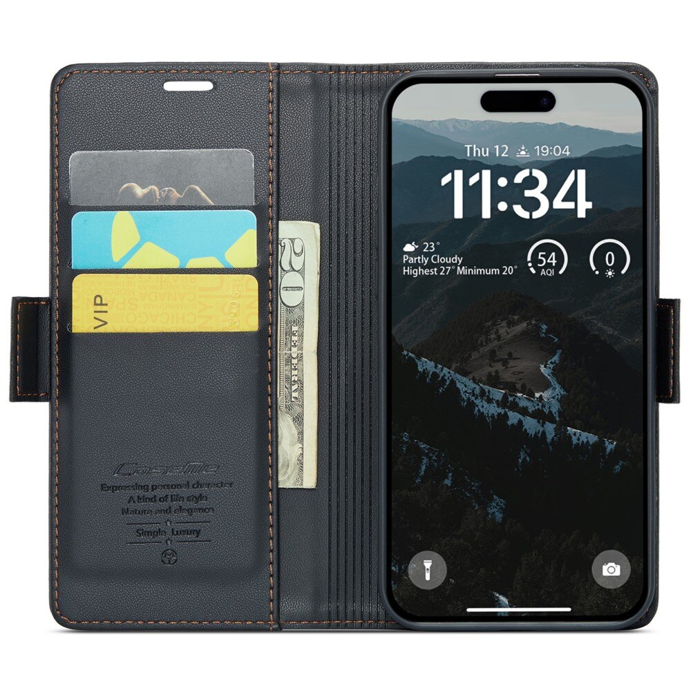 Étui portefeuille mince anti-RFID iPhone 16 Plus, Noir