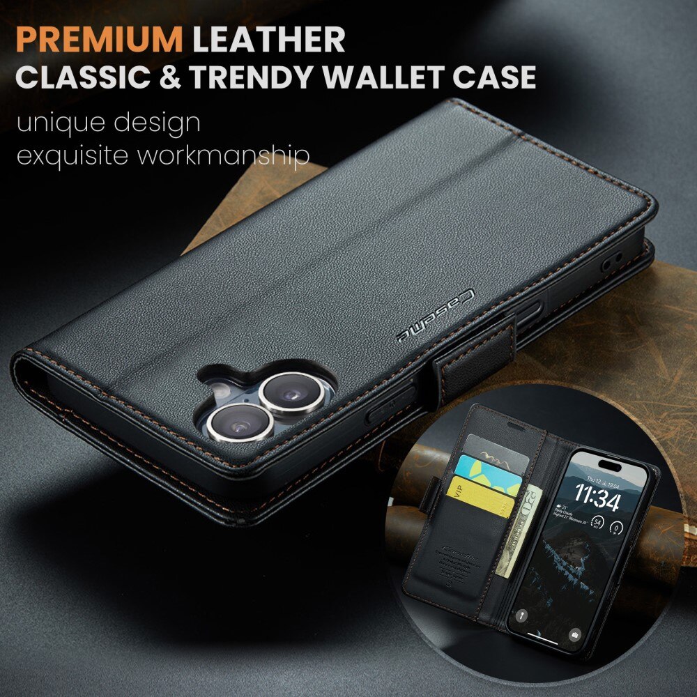 Étui portefeuille mince anti-RFID iPhone 16 Plus, Noir