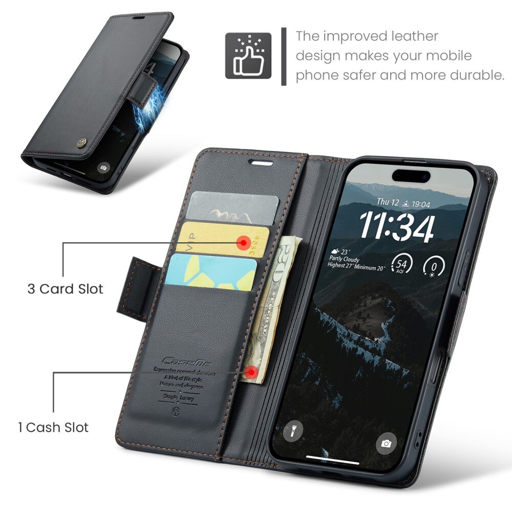 Étui portefeuille mince anti-RFID iPhone 16 Plus, Noir