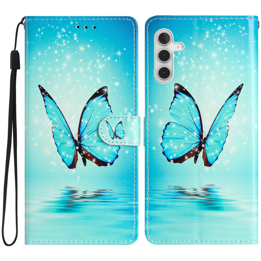 Coque portefeuille Samsung Galaxy S24 FE, papillons bleus