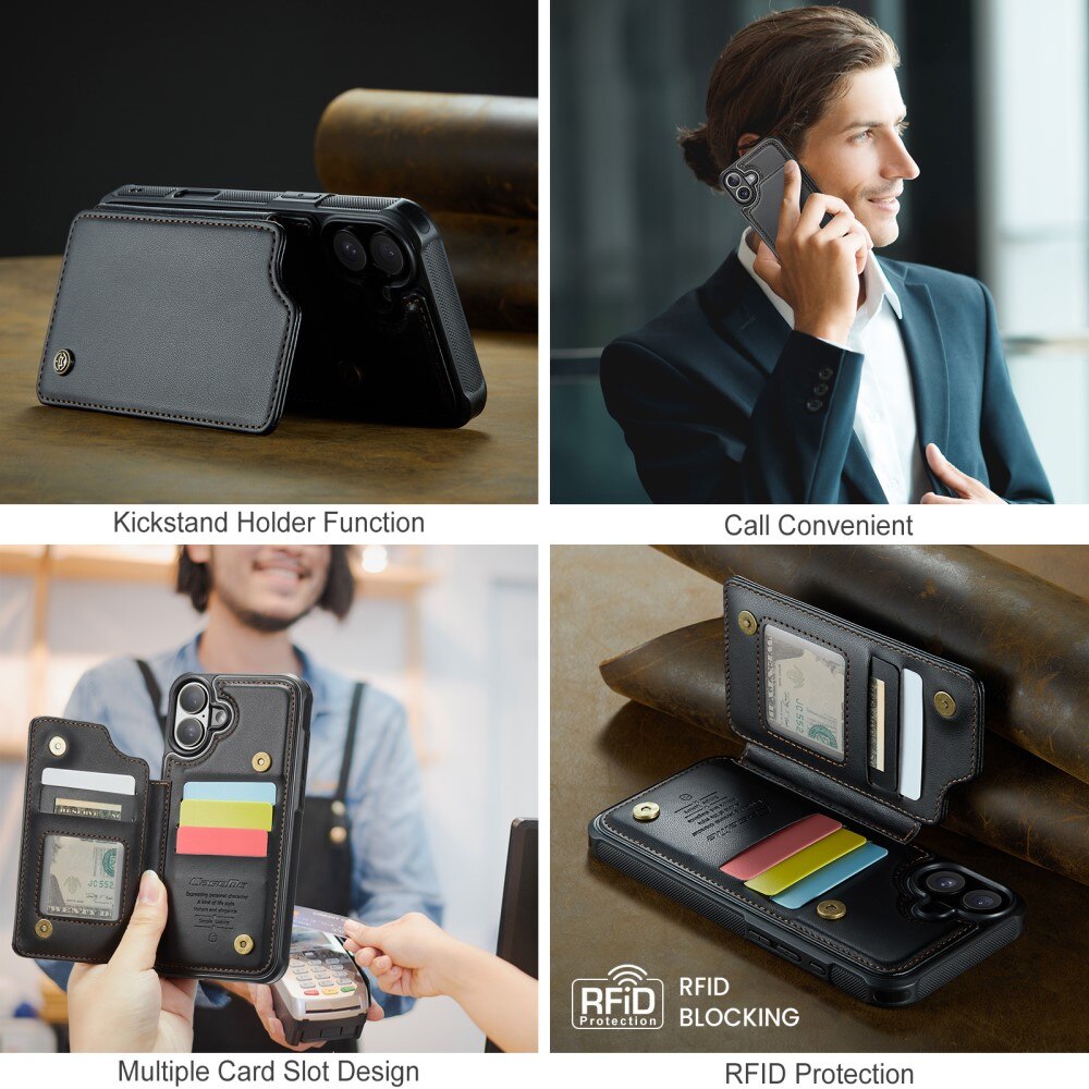 Coque porte-cartes anti-RFID iPhone 16, noir