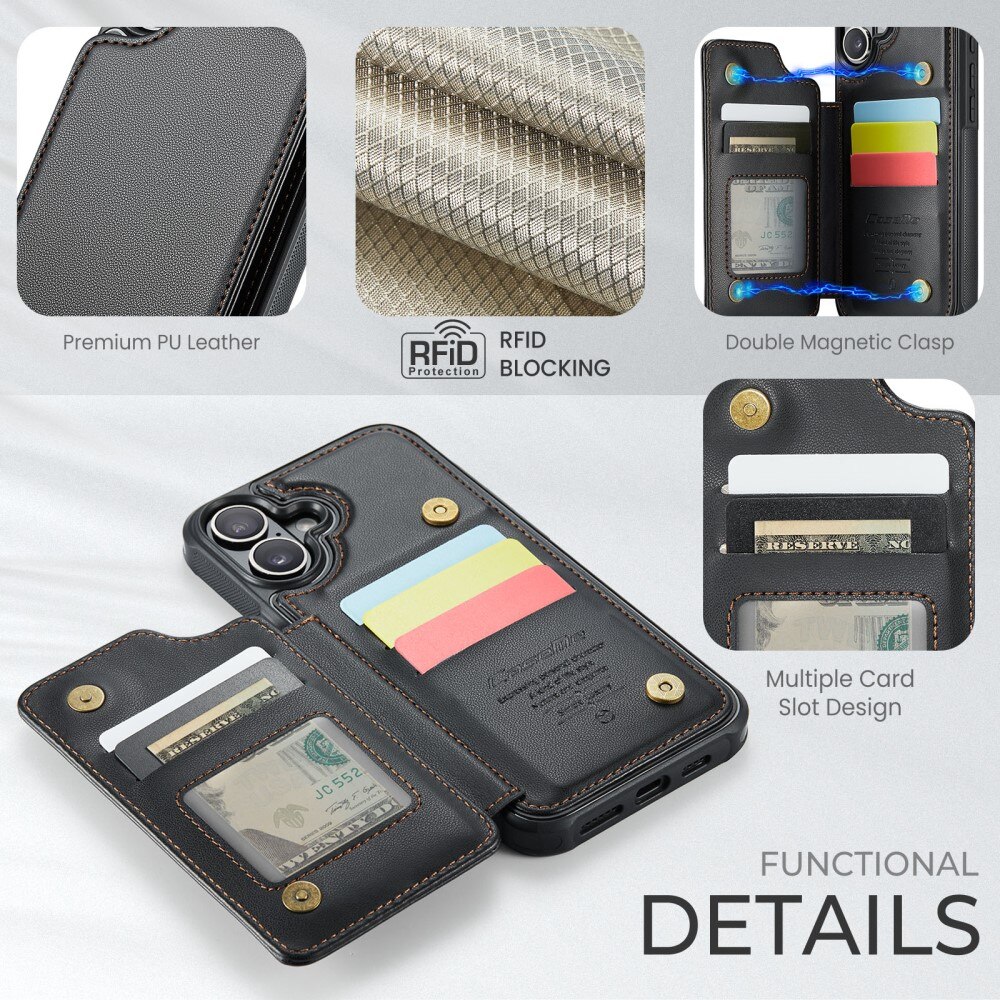 Coque porte-cartes anti-RFID iPhone 16, noir