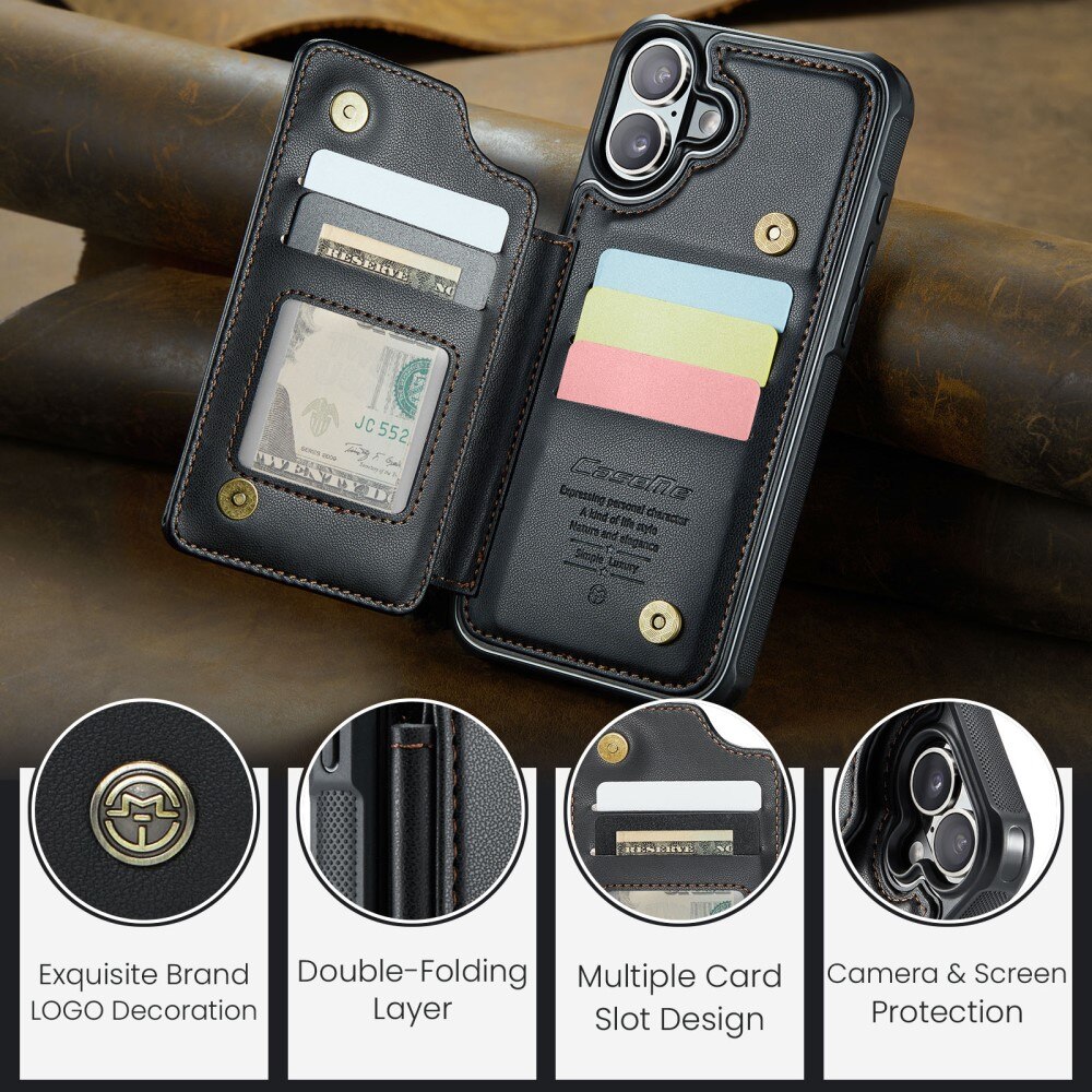 Coque porte-cartes anti-RFID iPhone 16, noir