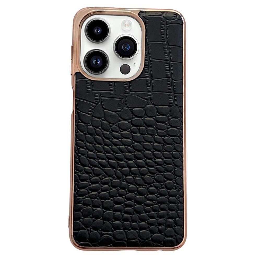 Croco Coque en cuir iPhone 14 Pro Noir/Or rose