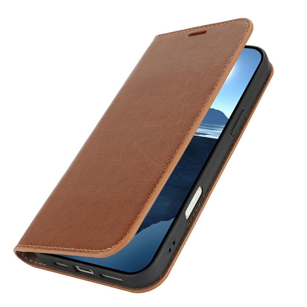 Coque portefeuille en cuir Veritable iPhone 16, Marron