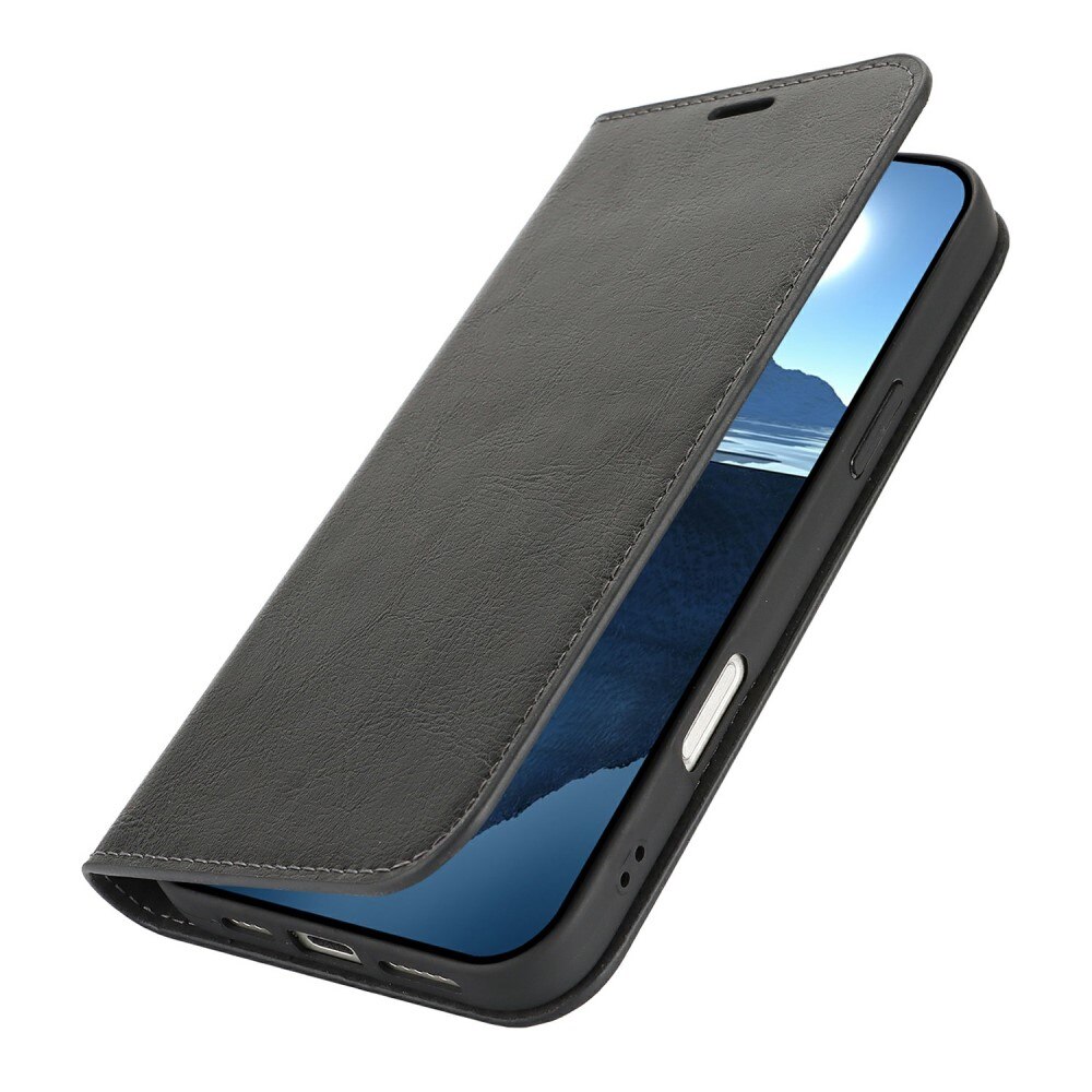 Coque portefeuille en cuir Veritable iPhone 16 Pro, Noir