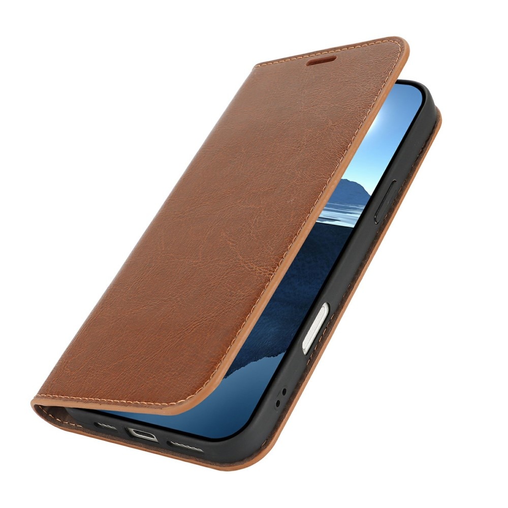 Coque portefeuille en cuir Veritable iPhone 16 Pro, Marron