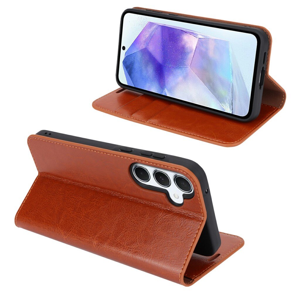 Coque portefeuille en cuir Veritable Samsung Galaxy S24 FE, Marron