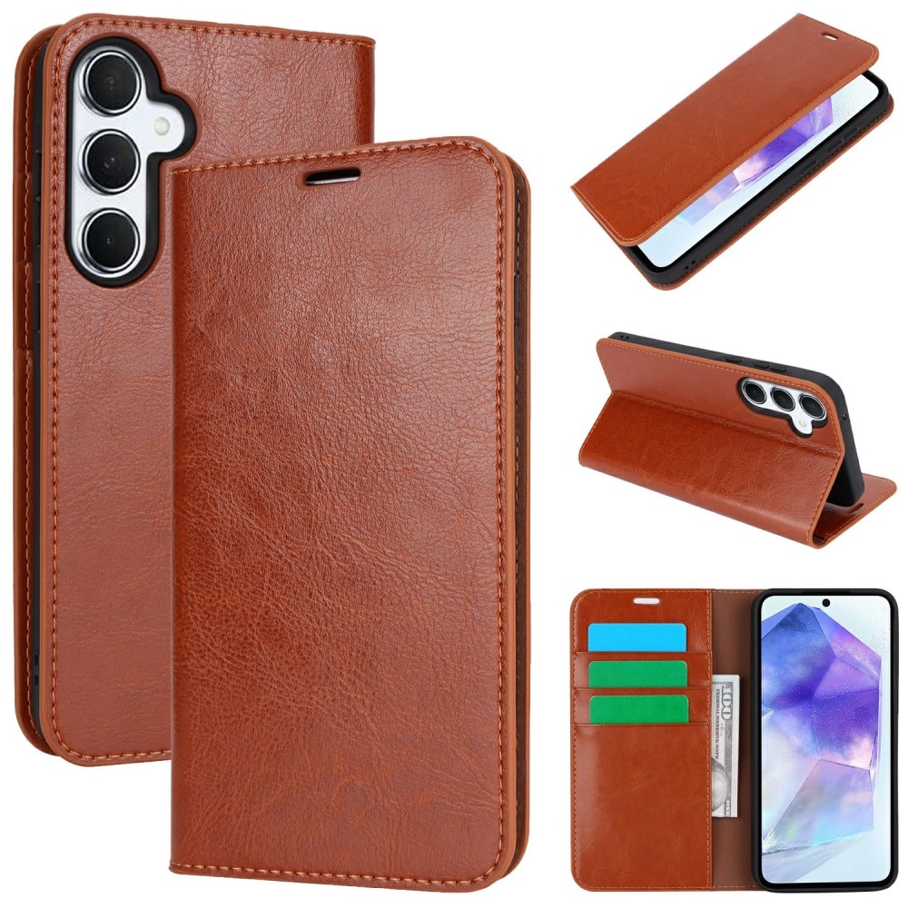 Coque portefeuille en cuir Veritable Samsung Galaxy S24 FE, Marron