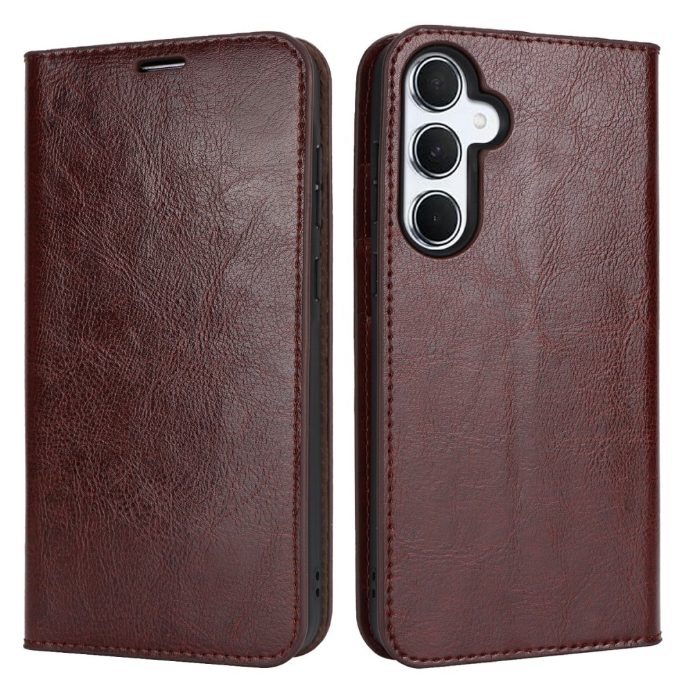 Coque portefeuille en cuir Veritable Samsung Galaxy A25, Marron foncé
