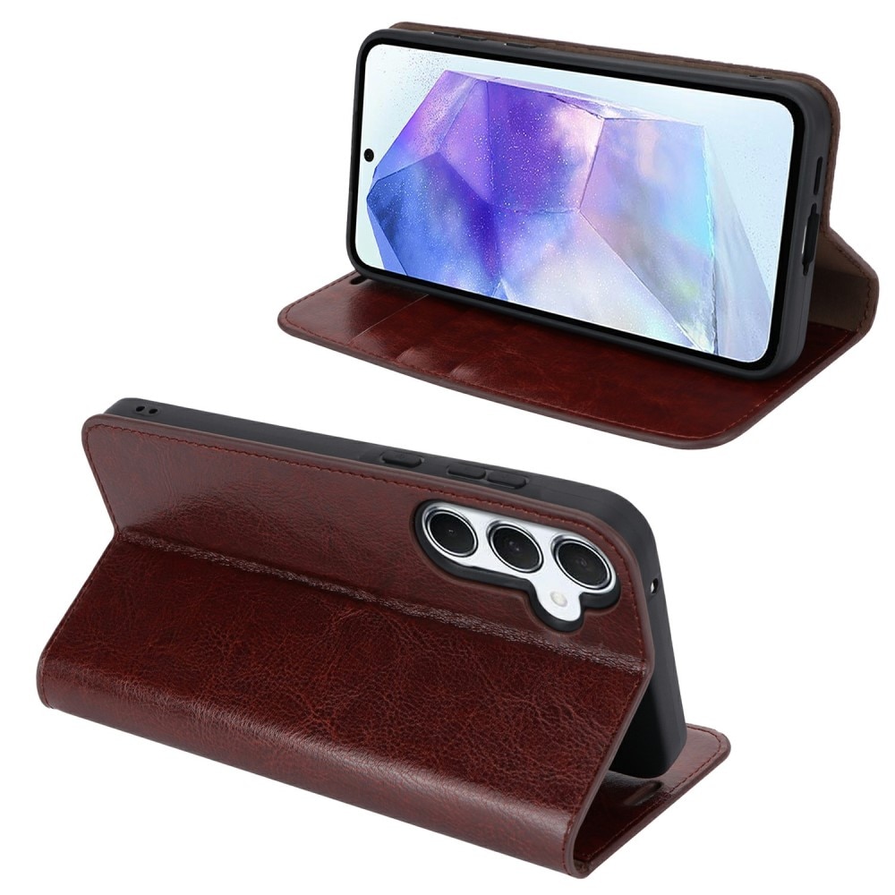 Coque portefeuille en cuir Veritable Samsung Galaxy S24 FE, Marron foncé