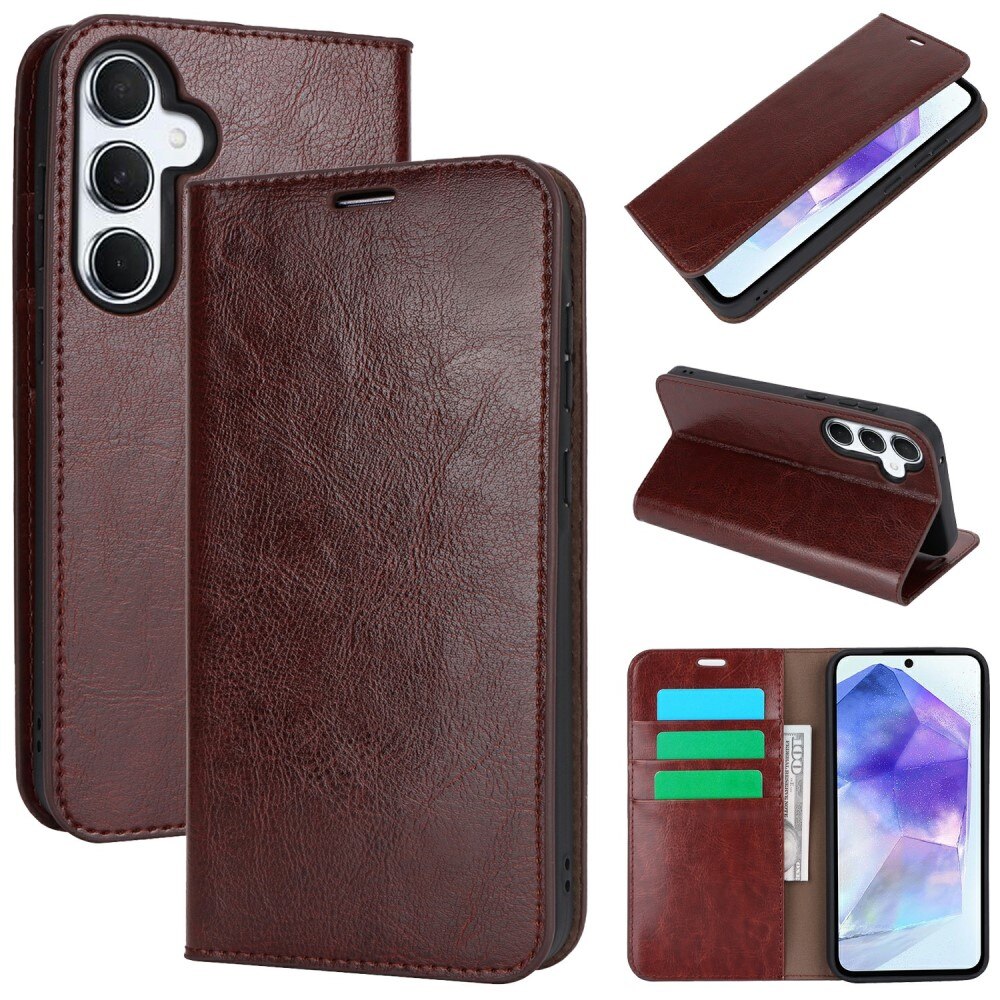 Coque portefeuille en cuir Veritable Samsung Galaxy S24 FE, Marron foncé