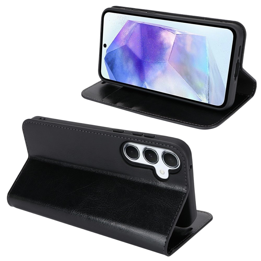 Coque portefeuille en cuir Veritable Samsung Galaxy A25, Noir