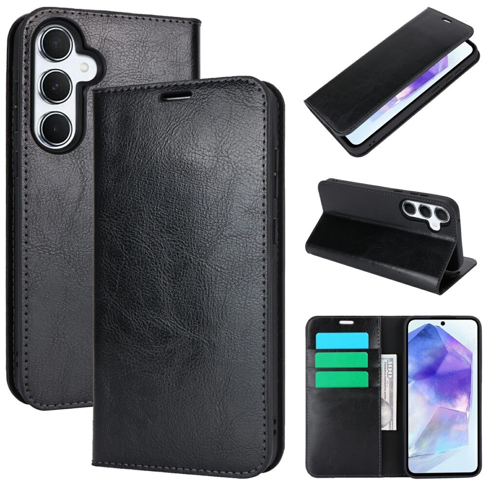 Coque portefeuille en cuir Veritable Samsung Galaxy S24 FE, Noir