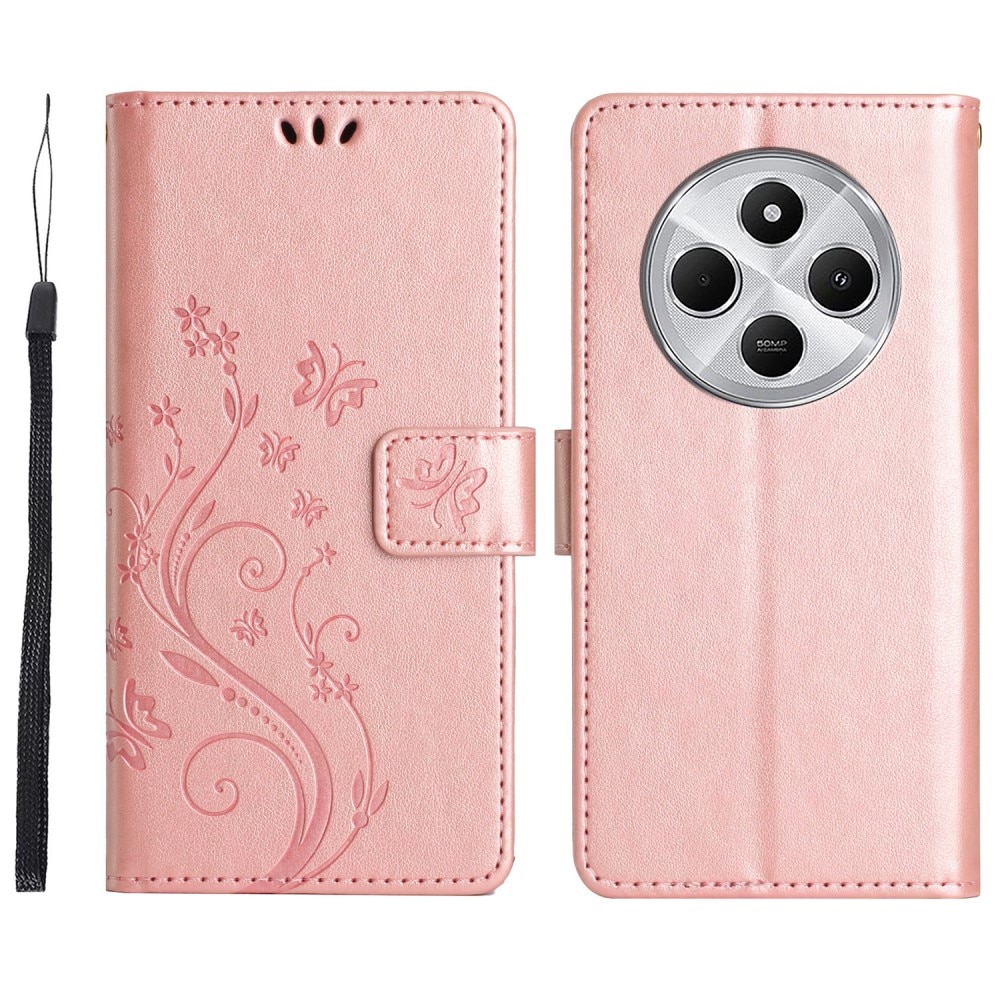 Étui en cuir à papillons pour Xiaomi Redmi 14C, Or rose