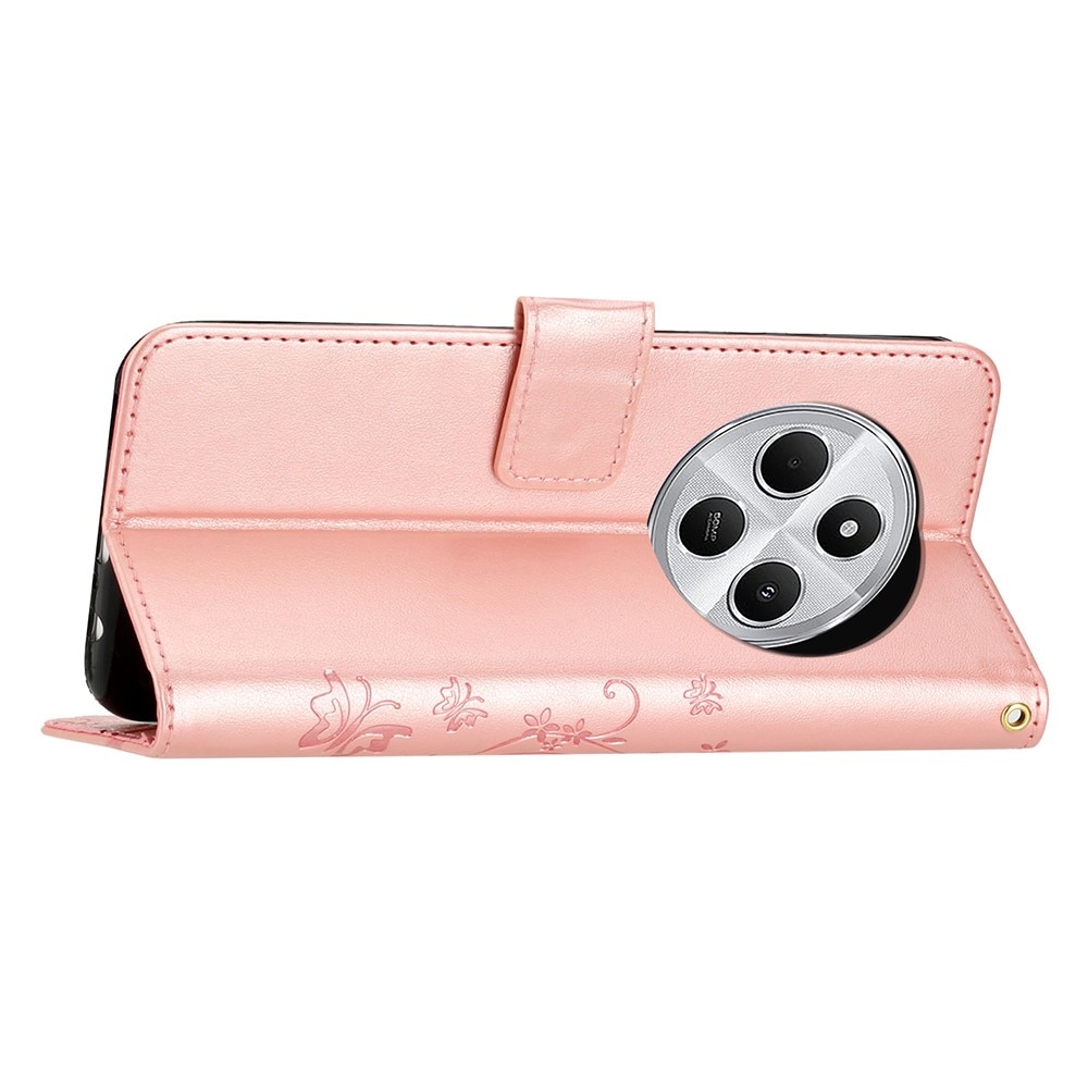 Étui en cuir à papillons pour Xiaomi Redmi 14C, Or rose