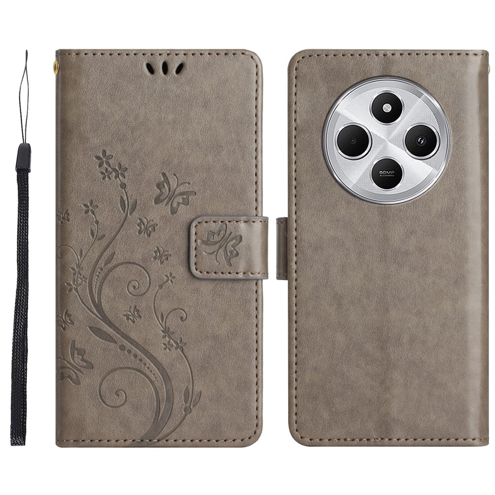 Étui en cuir à papillons pour Xiaomi Redmi 14C, Gris