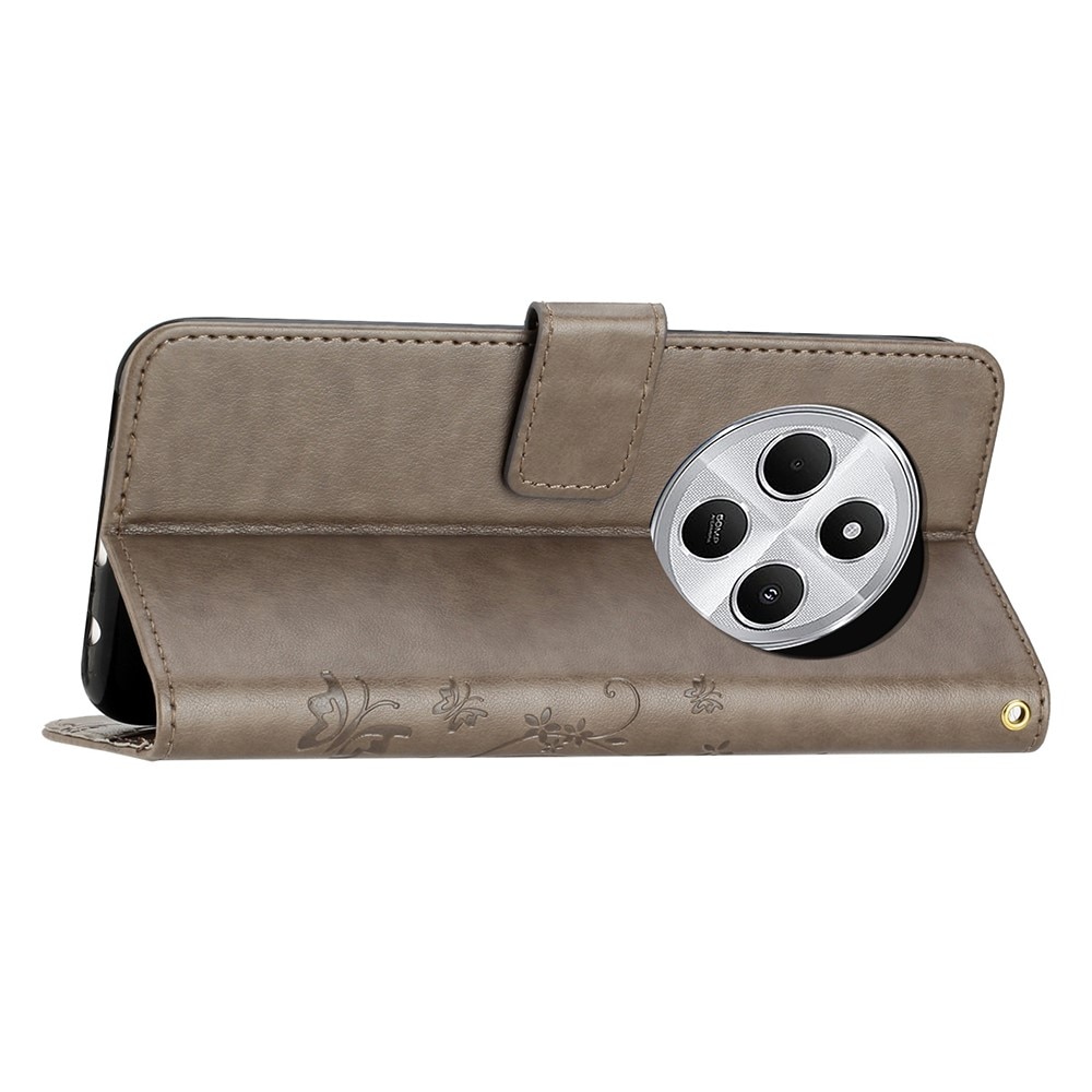 Étui en cuir à papillons pour Xiaomi Redmi 14C, Gris