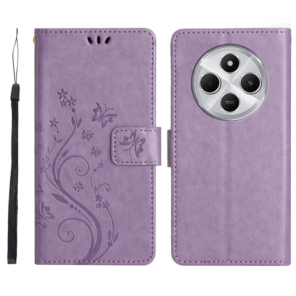 Étui en cuir à papillons pour Xiaomi Redmi 14C, Violet
