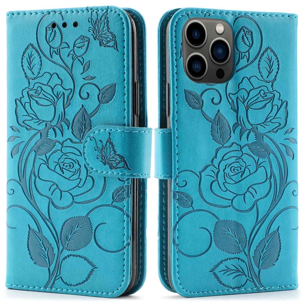 Étui en cuir avec roses iPhone 12/12 Pro Bleu