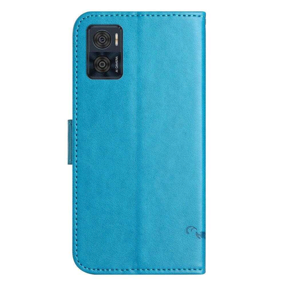 Étui en cuir à papillons pour Motorola Moto E22i, bleu