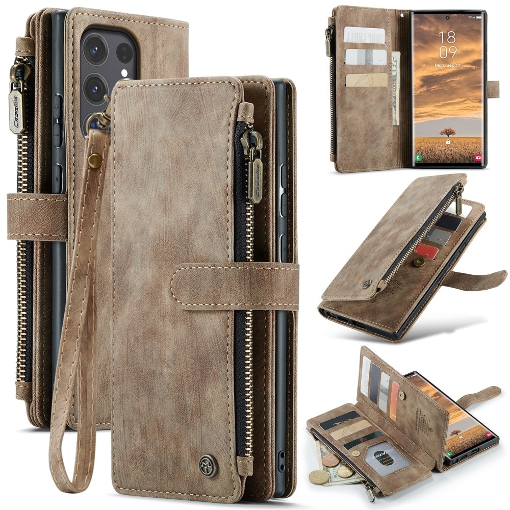 Étui portefeuille à glissière Samsung Galaxy S25 Ultra, Marron