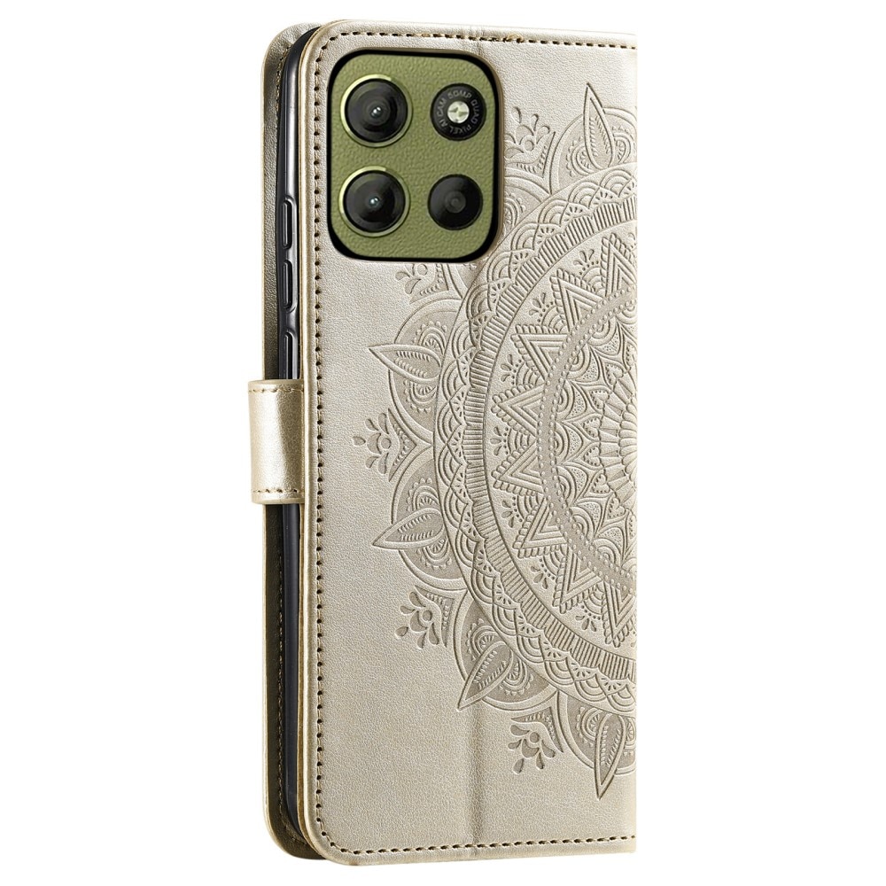 Étui en cuir Mandala Motorola Moto G15, or