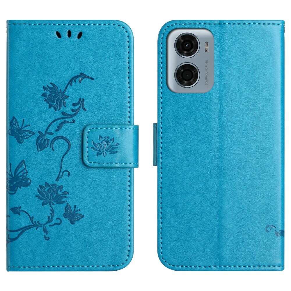 Étui en cuir à papillons pour Motorola Moto E15, Bleu