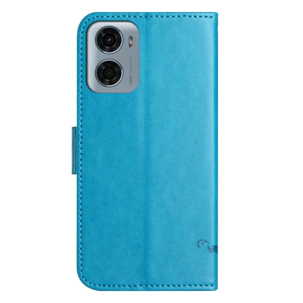 Étui en cuir à papillons pour Motorola Moto E15, Bleu