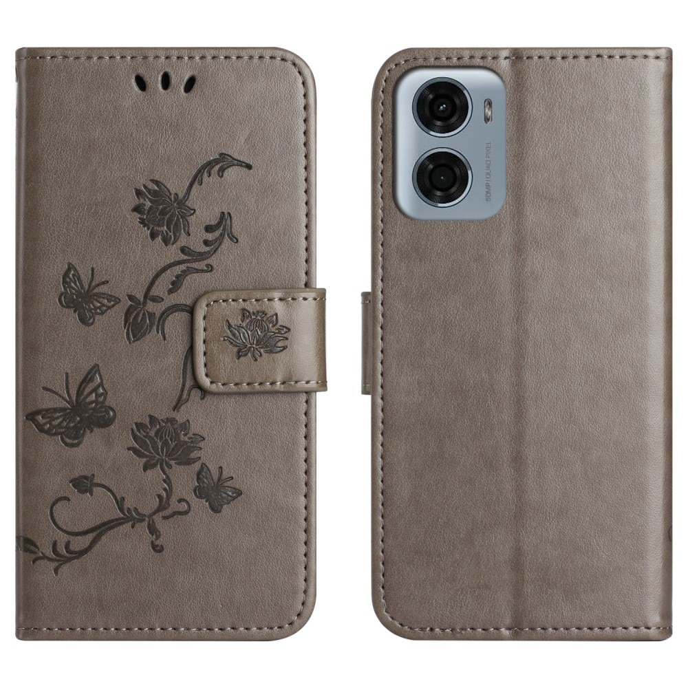 Étui en cuir à papillons pour Motorola Moto E15, Gris