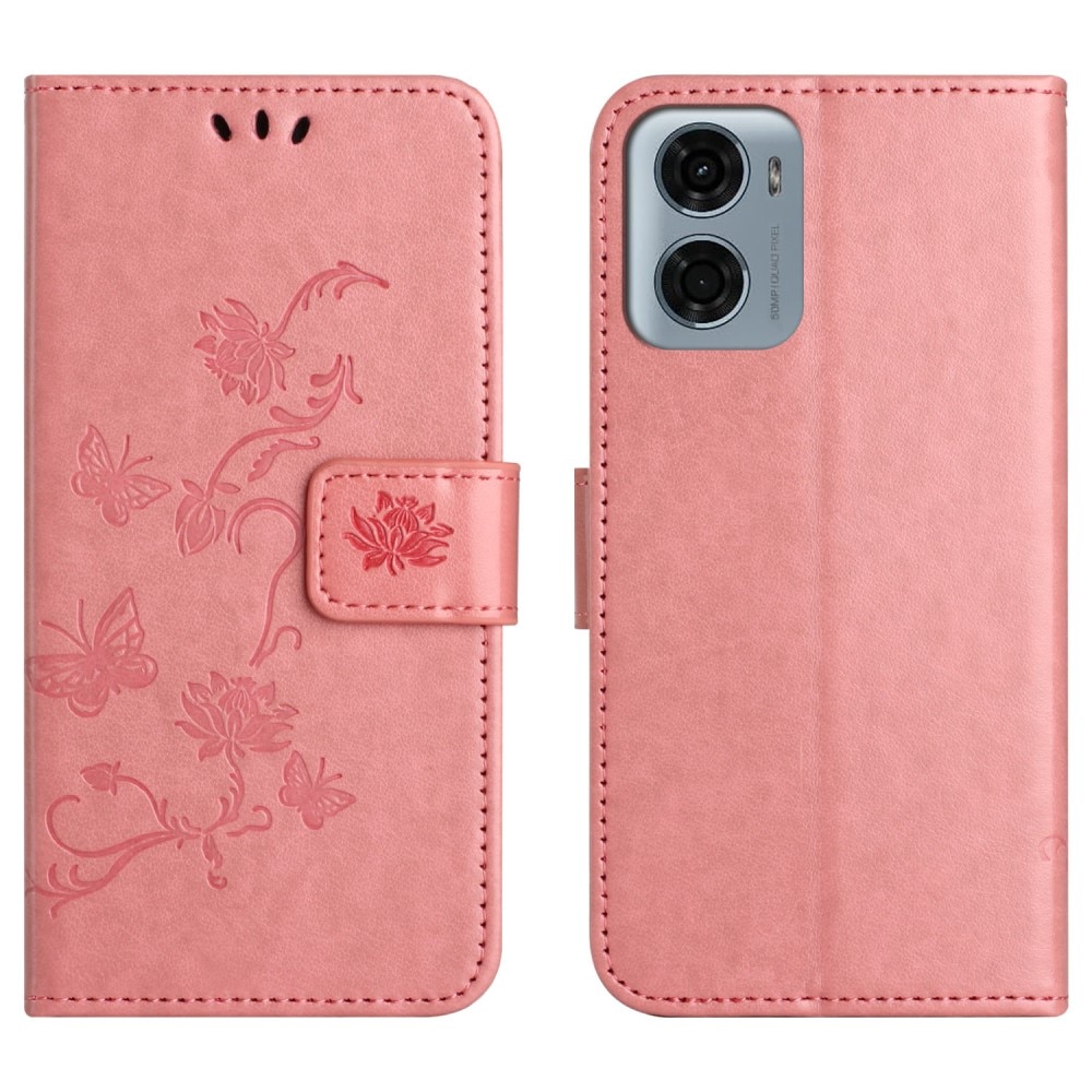 Étui en cuir à papillons pour Motorola Moto E15, Rose