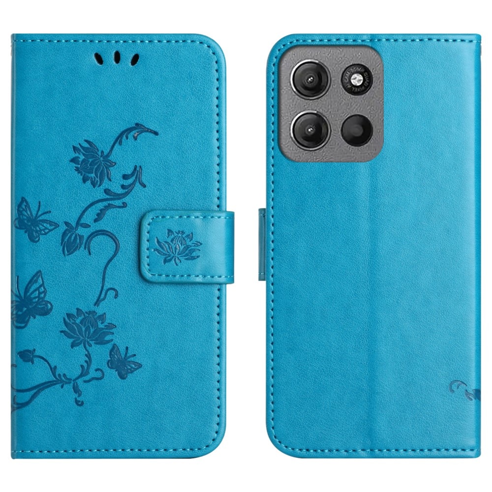 Étui en cuir à papillons pour Motorola Moto G15 Power, Bleu