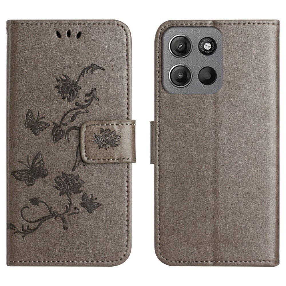 Étui en cuir à papillons pour Motorola Moto G15 Power, Gris