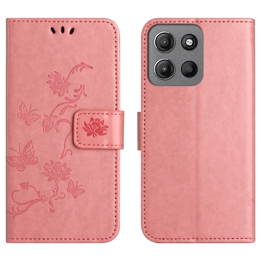 Étui en cuir à papillons pour Motorola Moto G15 Power, Rose